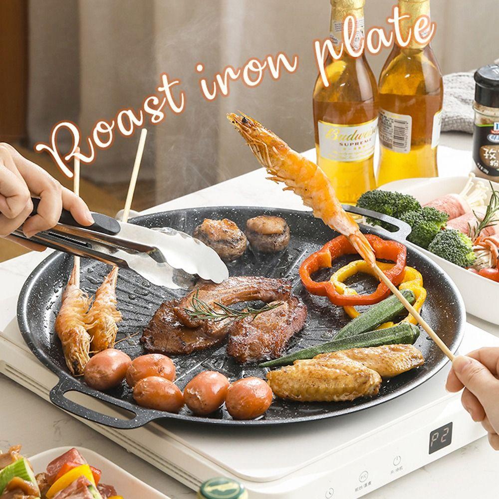 Carbon Steel Frying Plate Thick BBQ Grill Pan Round Roasting Grill Tray  Household Use