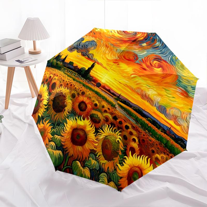 1pc Sunflower Field Automatic Folding Umbrella, Portable 3-Fold Design, 8-Bone Iron Frame Outdoor Umbrella, Ideal Gift for Fans, Travelers, Daily Use,