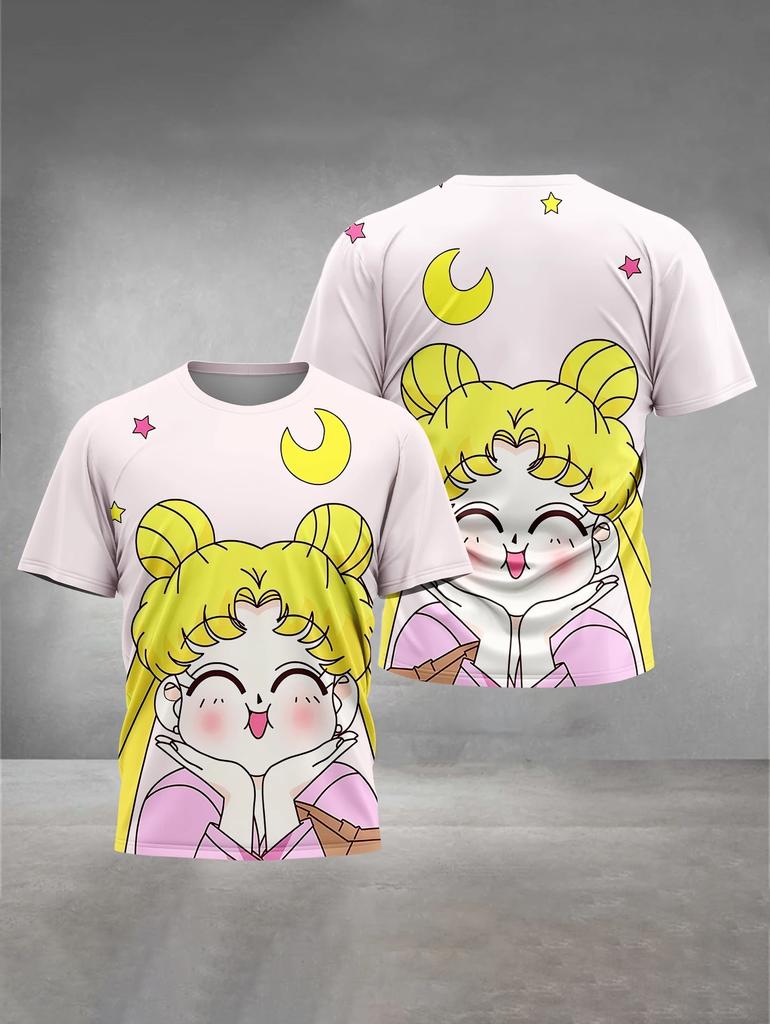 2026 Summer Sailor Moon Retro Cosplay T-shirt Oversized 3D Printed Short-sleeved Family Unisex Children's Sports Shirt