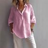 Pink Linen Blend Collared Half Placket Long Sleeve Shirt for Women