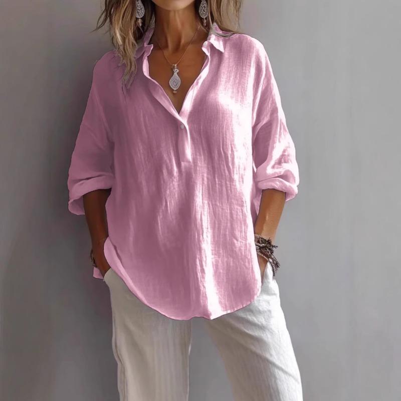 Pink Linen Blend Collared Half Placket Long Sleeve Shirt for Women