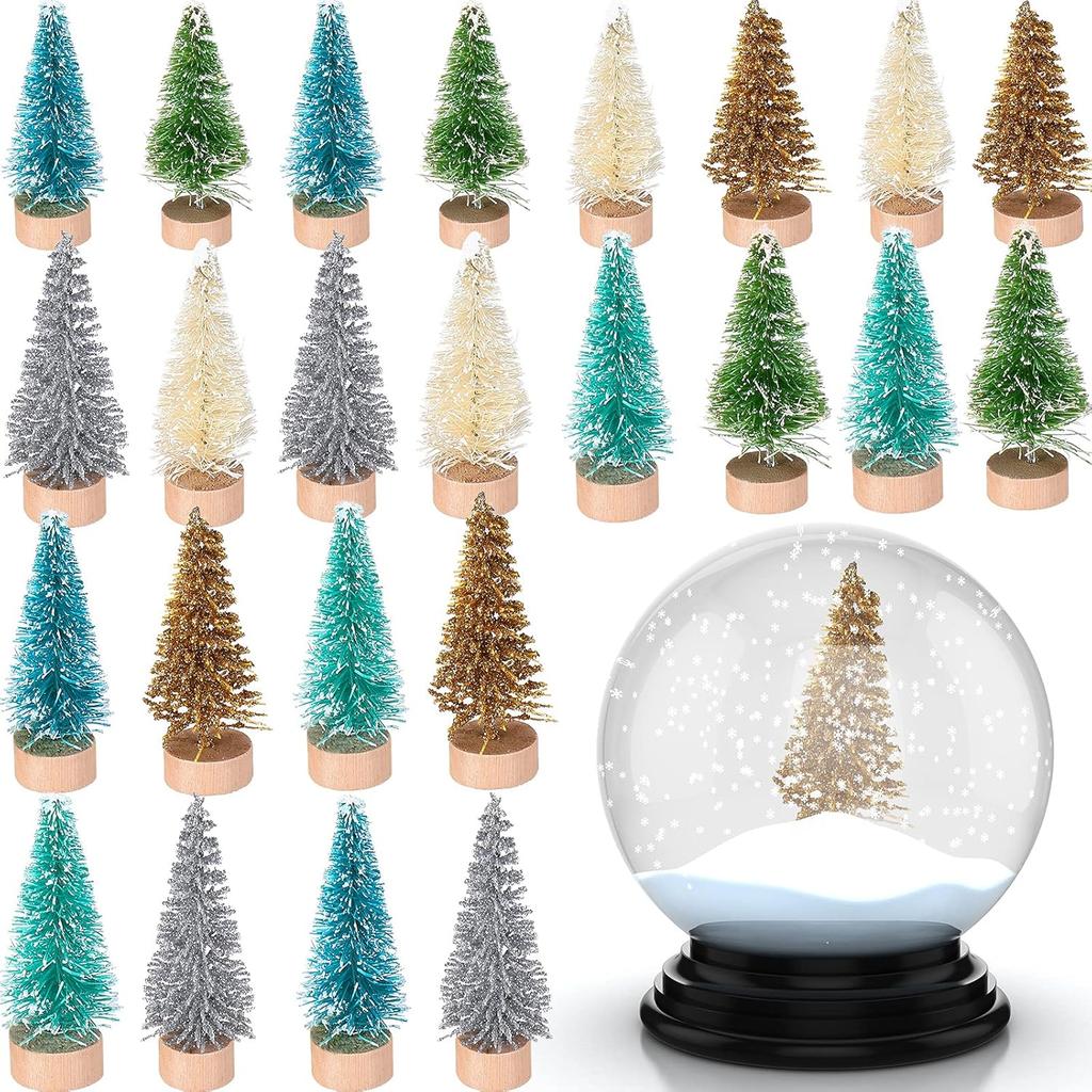 24 Pcs Mini Christmas Bottle Brush Trees with Wooden Base, Tiny Sisal Trees for Winter Tabletop Decor (Multi-Color)