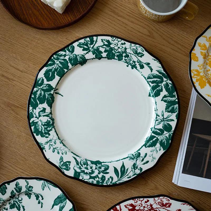 Keramikteller im europäischen Stil, Vintage, üppiger Blumendruck, westliches Essen, Speiseteller, Nachmittagstee, Dessertteller, Geschirr