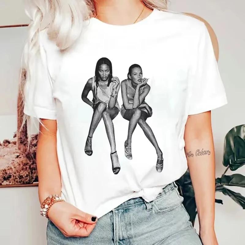 Kate Moss i Naomi Campbell After Party Damska Letnia Koszulka z Krótkim Rękawem w Stylu Vintage Inspirowana Celebrytami Estetyka Pinterest T-shirt