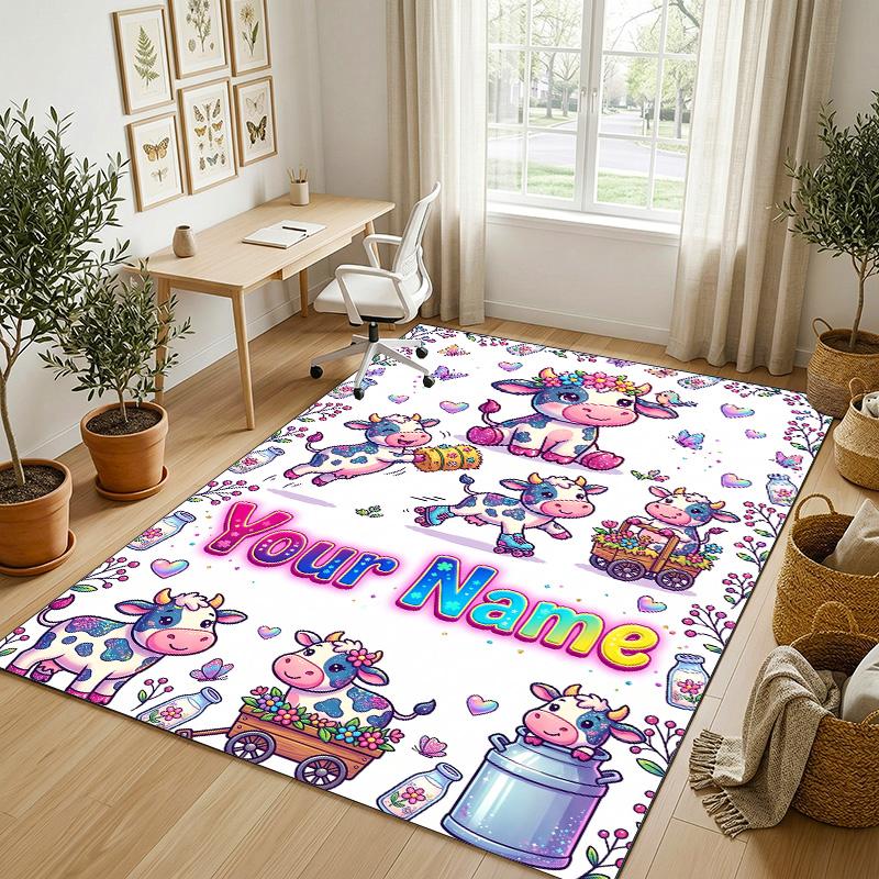 Cow Highland Theme Crystal Velvet Rug Personalized Custom Name Text Soft Floor Mat Home Decor