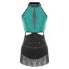 Womens Latin Jazz Dance Leotard Allover Rhinestones Tassel Skirt Backless Contrast Color Bodysuit