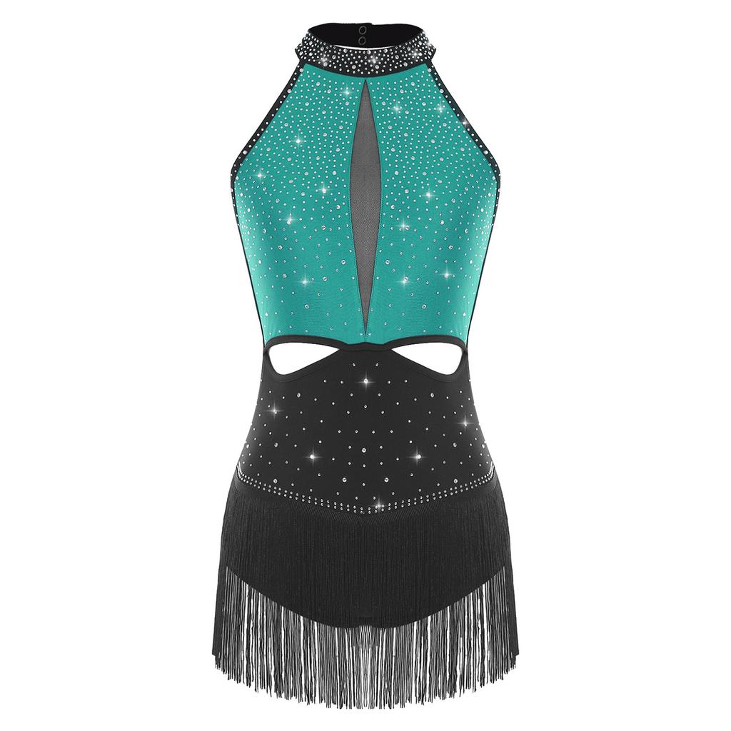 Dámský latinsko-jazzový taneční dres po celém povrchu s kamínky, třásňovou sukní, bez zad, kontrastní barvy, body