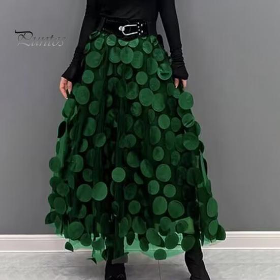 Women Summer Maxi Skirt Retro A-Line Large Hem Skirt Solid Color 3D Dot Decor High Waist Long Skirt