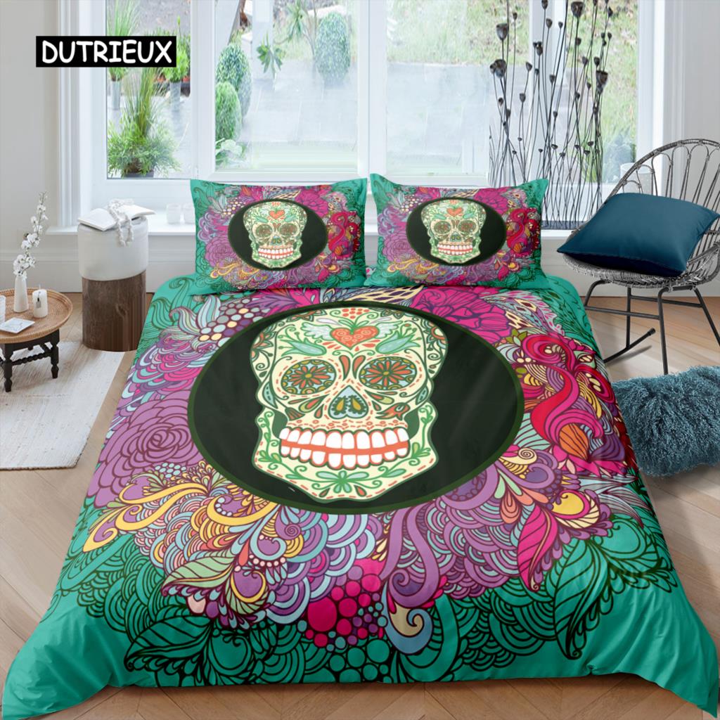 Ložní soupravy Sugar Skull King Krása Polibek Lebka Povlak na přikrývku Ložní souprava Bohémský potisk Černé ložní prádlo Velikost Queen Bedline