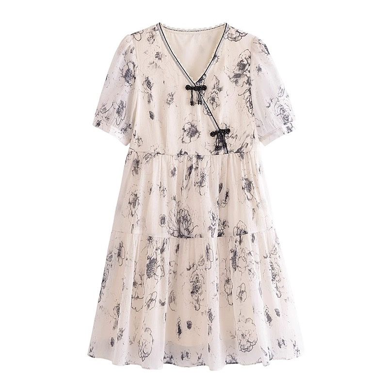 

Special Offer Straight New Arrival New Chinese Style Improved Cheongsam V-neck Floral Organza Dress Female E332 Ink Print S