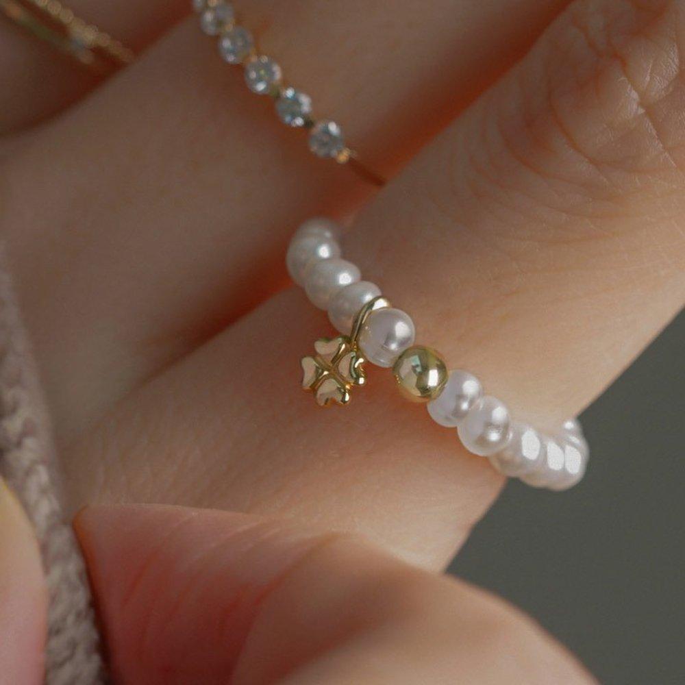 [New Pearl/Onyx] 14K Fury Natural Stone Clover Ring W