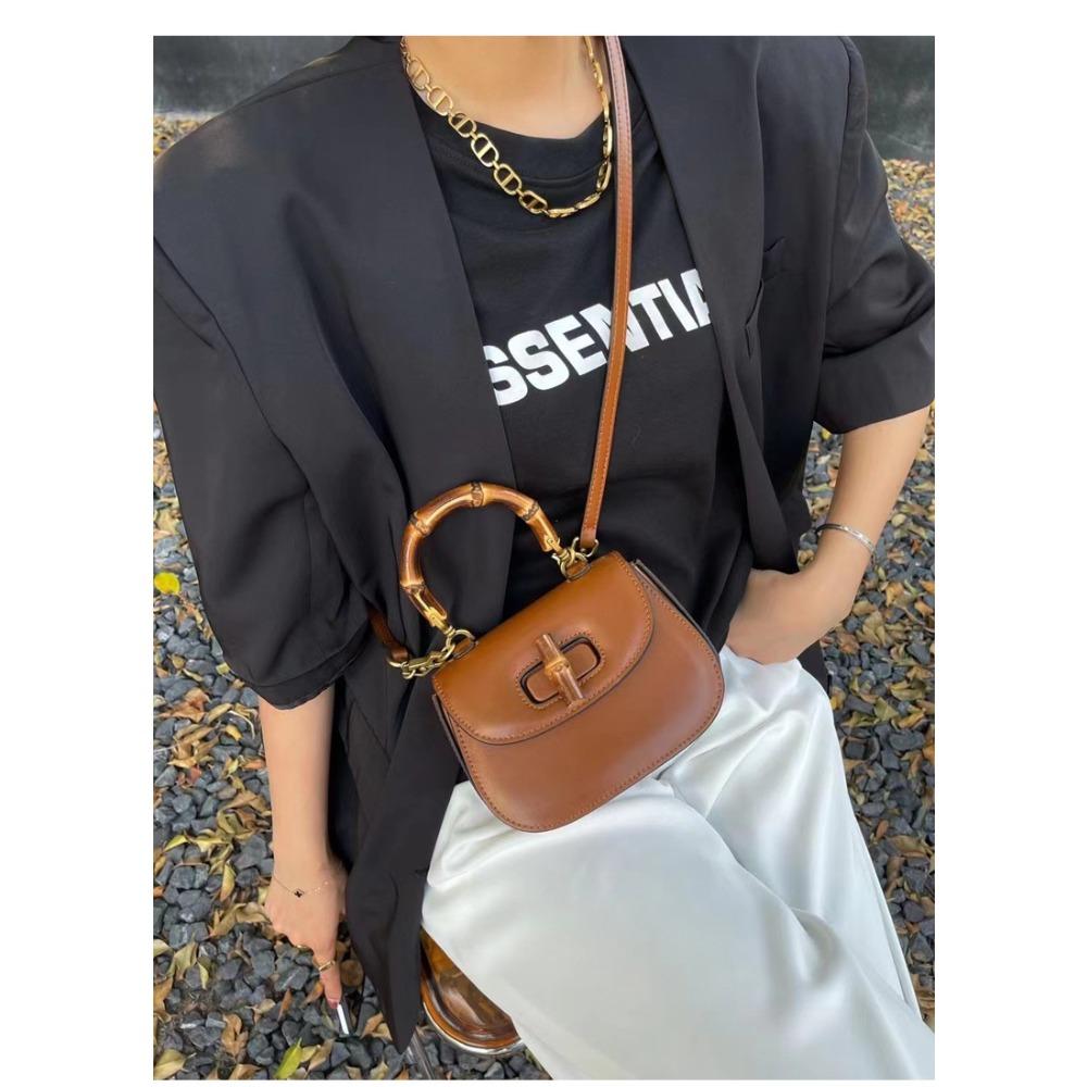 New High-end Messenger Bag Retro Simple Bamboo Bag Leather Fashion Saddle Bag Wide Shoulder Strap Single Shoulder Handbag