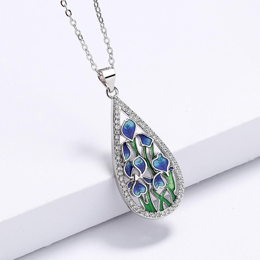 

925 Fashion Navy Flower Females Pendant Necklace Handmade Enamel Jewellery Wedding Special Day Social Occasion Pendant Necklace Women s