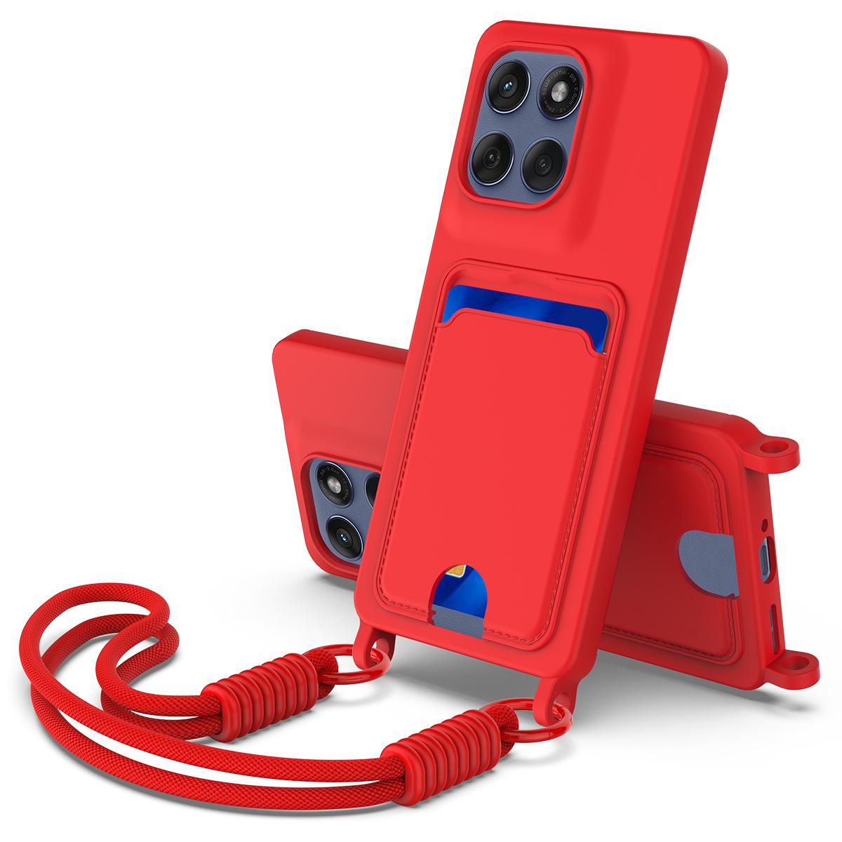 

For Motorola Moto G Stylus 5G (2025)/Motorola Edge 60 Stylus 5G Liquid Silicone Case Phone Back Cover with Card Holder and Short Strap Red