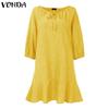 VONDA Women Casual Round Neck 3/4 Sleeve Irregular Ruffled Tunic Dress