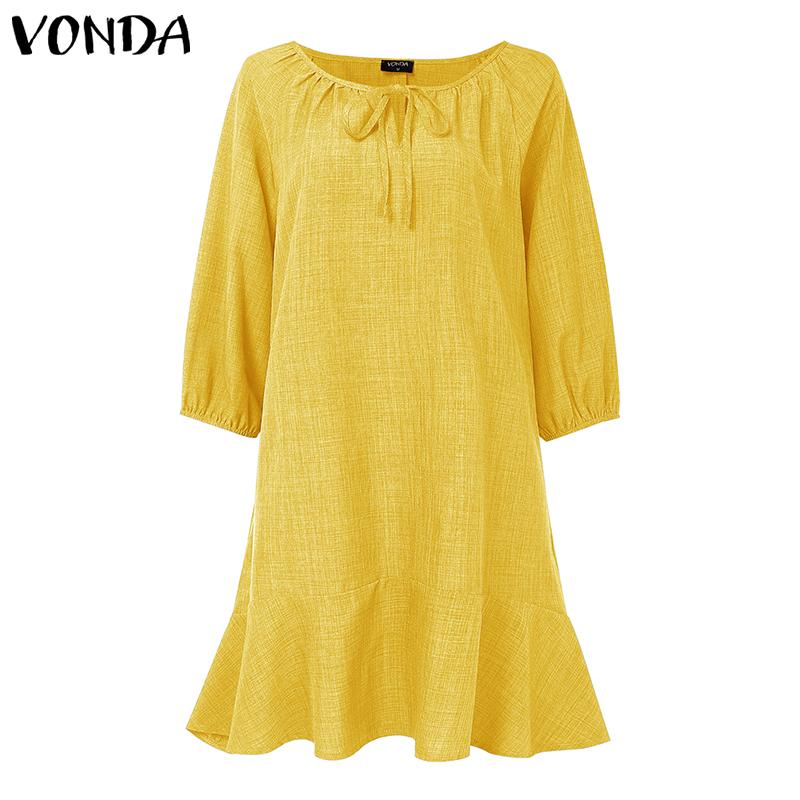 VONDA Women Casual Round Neck 3/4 Sleeve Irregular Ruffled Tunic Dress