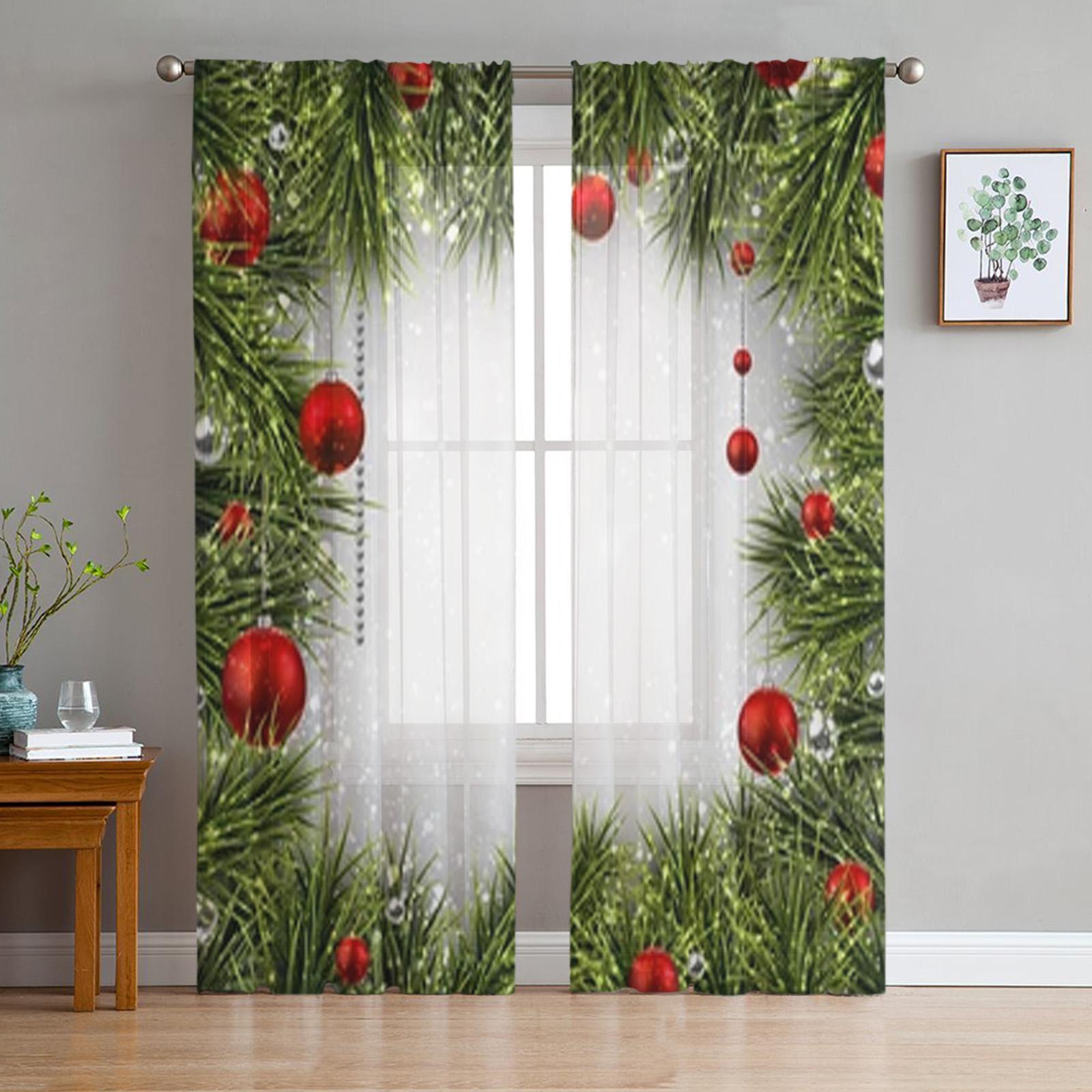 

Рождественский еловый шар, оконные тюлевые шторы для гостиной, кухни, Рождественский домашний декор, прозрачные шторы из вуали 135W x 160H(cm)x2