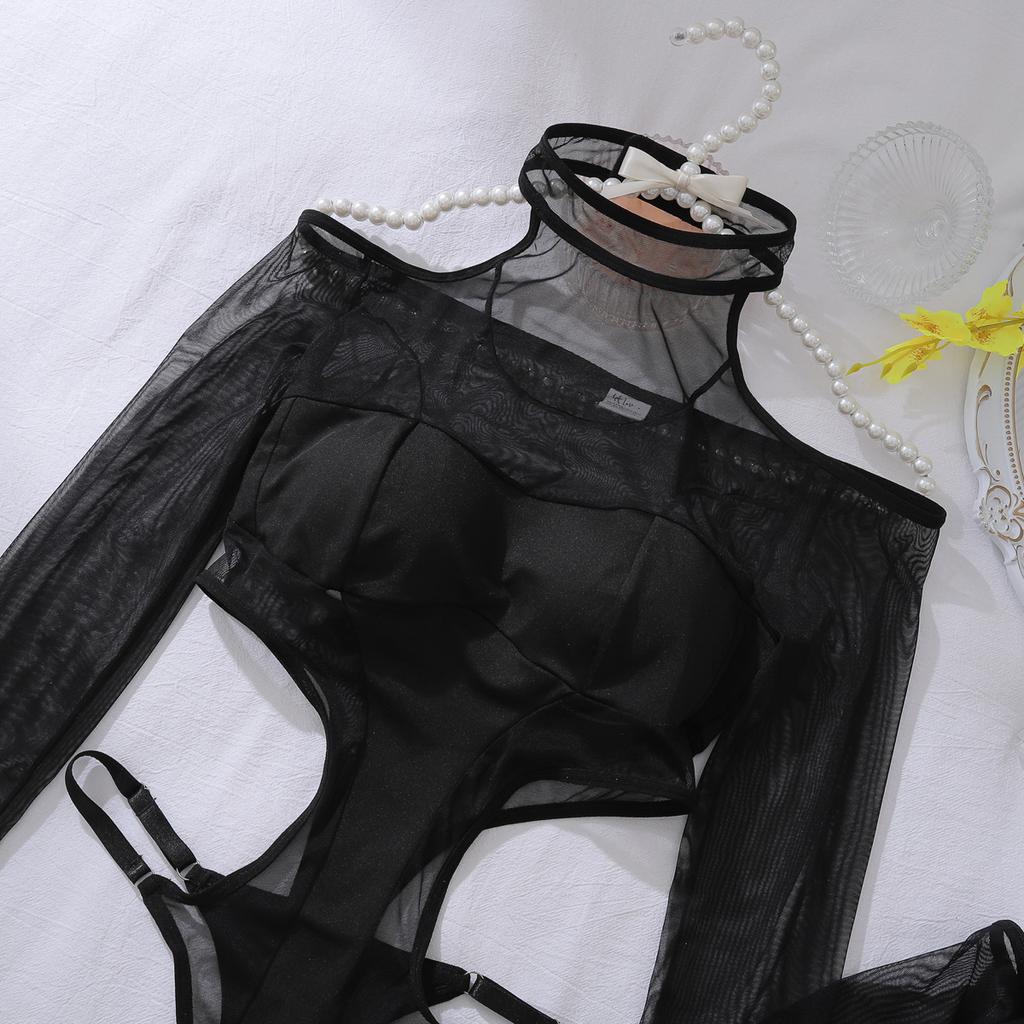 Women Sexy Exotic Bodysuit Set Thin See Through Hollow Out Romper Transparent Party Club Wear