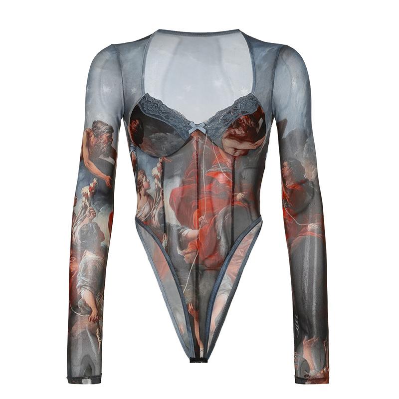 

Женский ретро-принтованный контрастный цвет Pure Lust Wind Sexy Splicing Mesh See Through Long Sleeve Jumpsuit S