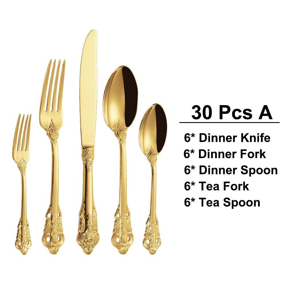 30 Pieces Gold Plated Luxury Cutlery Set Stainless Steel Vintage Western Tableware Sliver Knife Spoon Fork Set Kitchen Utensils
