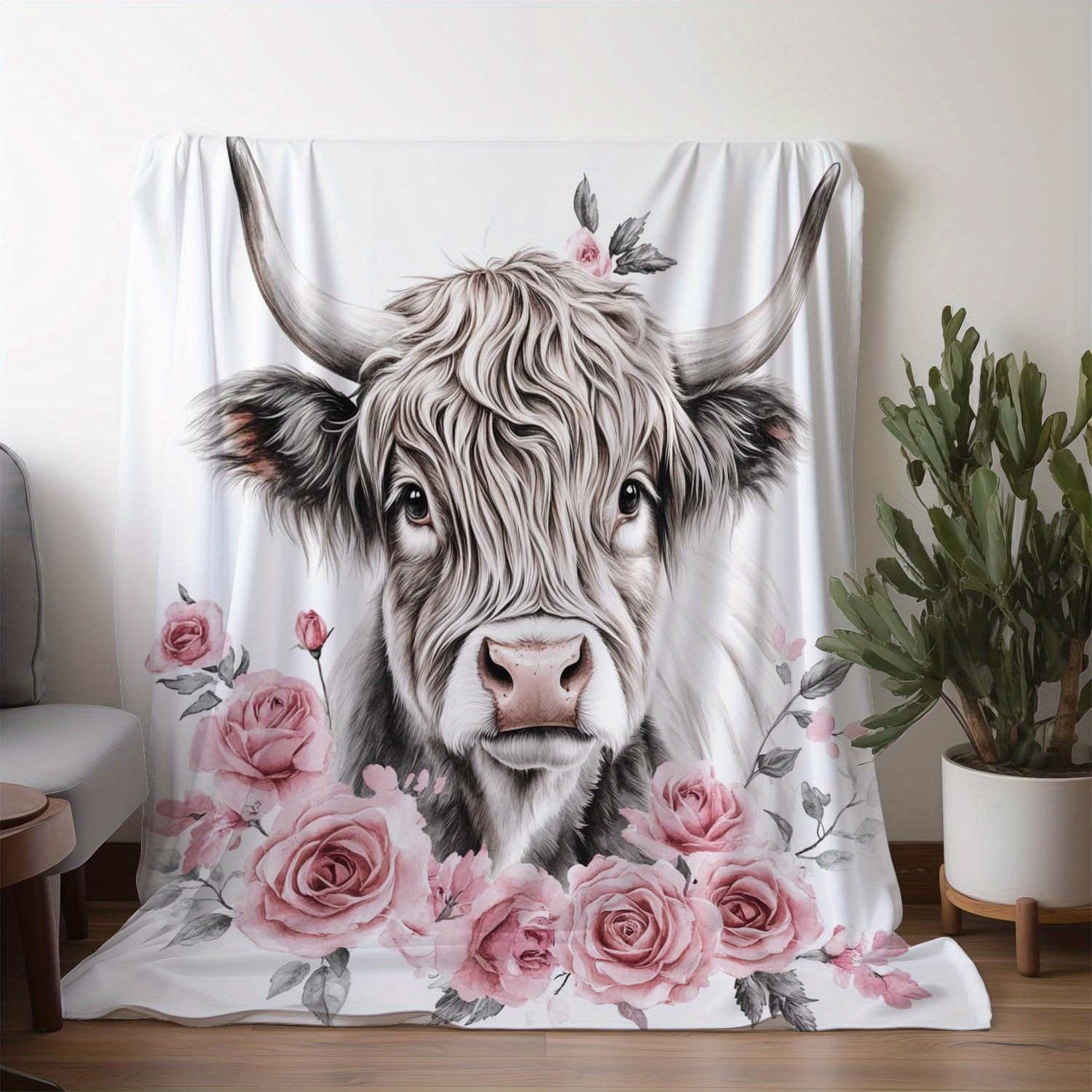 

1pc Zeal Lily Cow Print Flannel Blanket - Soft, Warm, and Cozy All-Season Throw with Pink Roses and Green Leaves, Perfect for 75x90cm28x35in