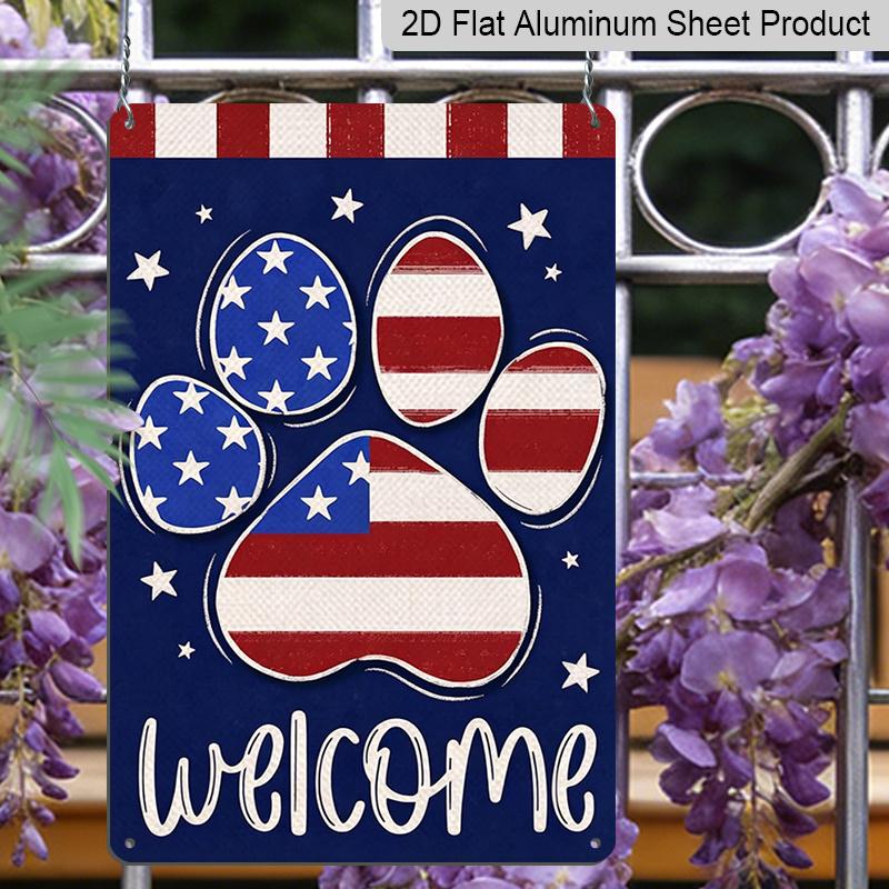 2D Flat Welcome 4th of July Dog Cat Paw Metal Sign, 8×12 Inch Aluminum Wall Art, America USA Stars Stripes Dark Blue Design, Durable Decor for 4th of