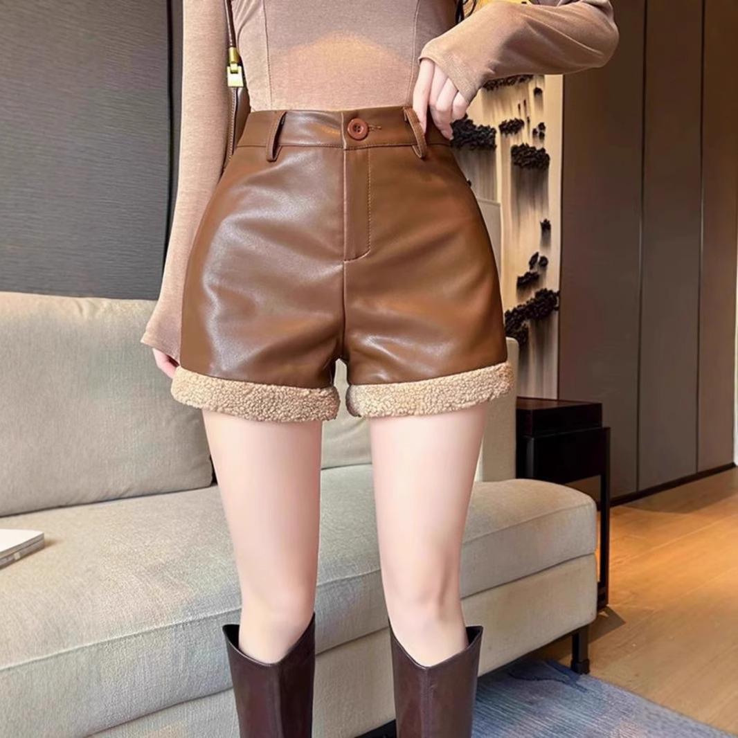 

Женские кожаные брюки пэчворк из овечьей шерсти с высокой посадкой для осени/зимы 2XL кофейный