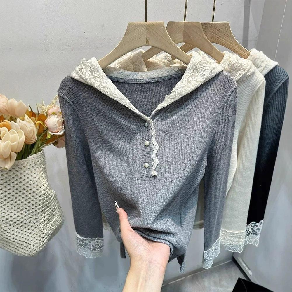 Women's Autumn Lace Patchwork Hoodie - Age-Reducing Long Sleeve Top