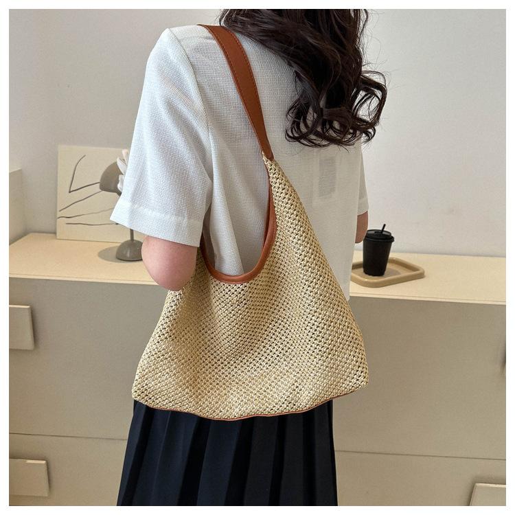 Women's Retro Woven Tote Bag Large Capacity Shoulder Underarm Bag Summer Beach Handbag