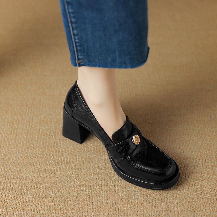 British high-heeled camellia small leather shoes spring thick heel round head platform single shoes loafers