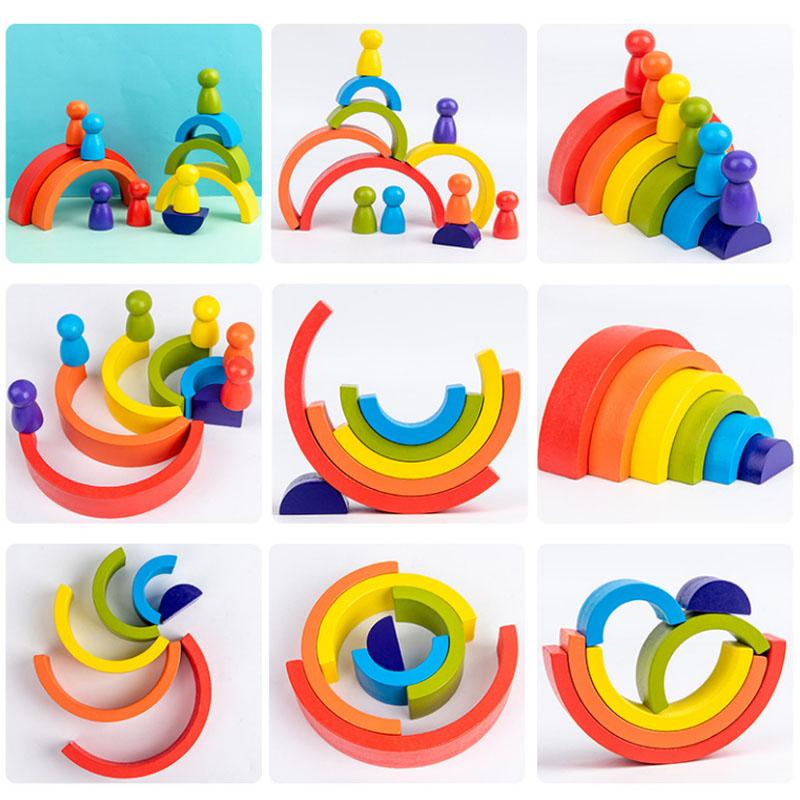 Montessori Wooden Toys for Babies Rainbow Stacking Block Toy Blocks Round Shape Construction Tower Kids Educational Learning Toy