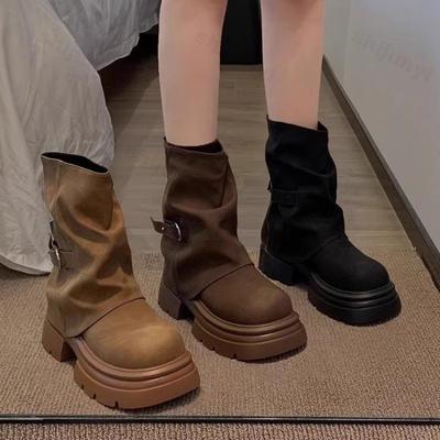 Retro Women's Boot 2026 Autumn New High Quality PU Leather Round Toe Ankle Boots Platform Buckle Outdoor British Botas Mujer