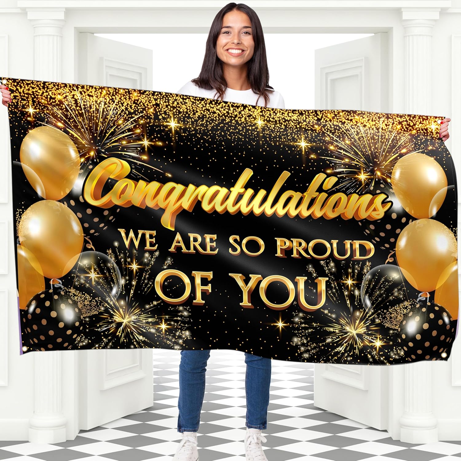 Congratulations Banner for Prom - Congratulations Decorations - Well Done - We Are So Proud of You - 5x3ft (Black and Gold)