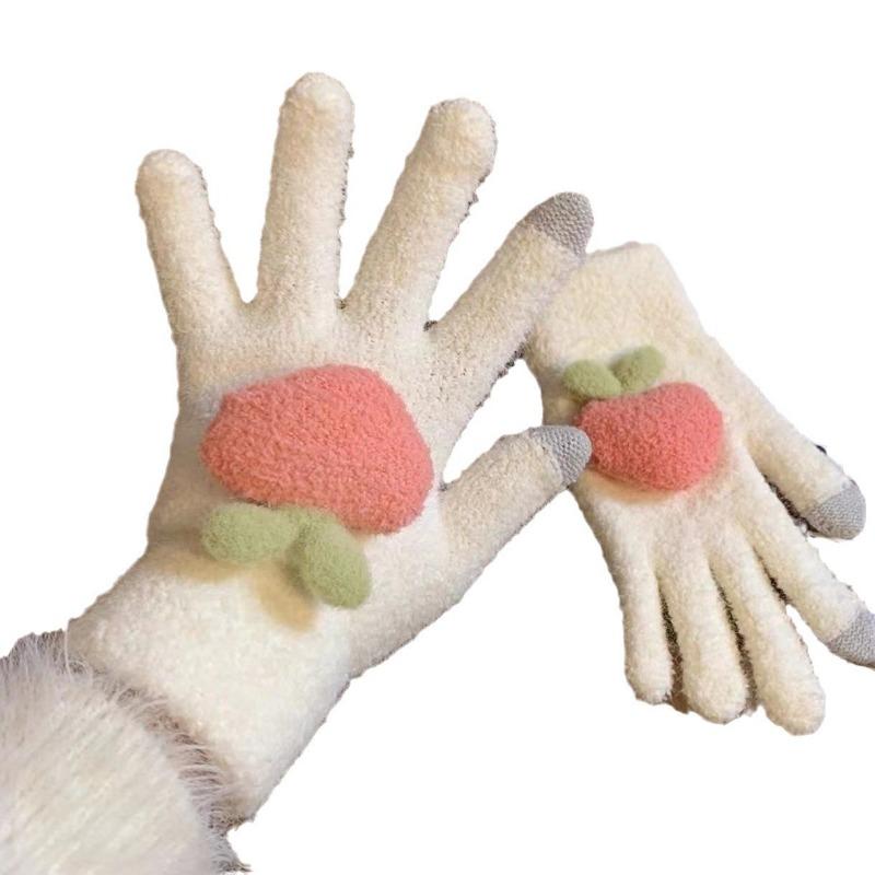 Persimmon Ruyi~ Cute Knitted Wool Gloves for Women's Winter Touch Screen Warm and Cold-proof Plush Student Cycling Gloves