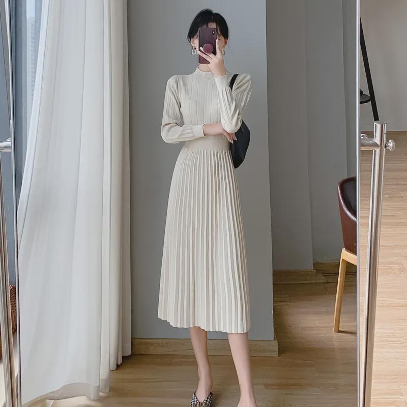 Damska Jesienno-Zimowa Francuska Dzianinowa Sukienka Swetrowa z Płaszczem - Długość Za Kolano