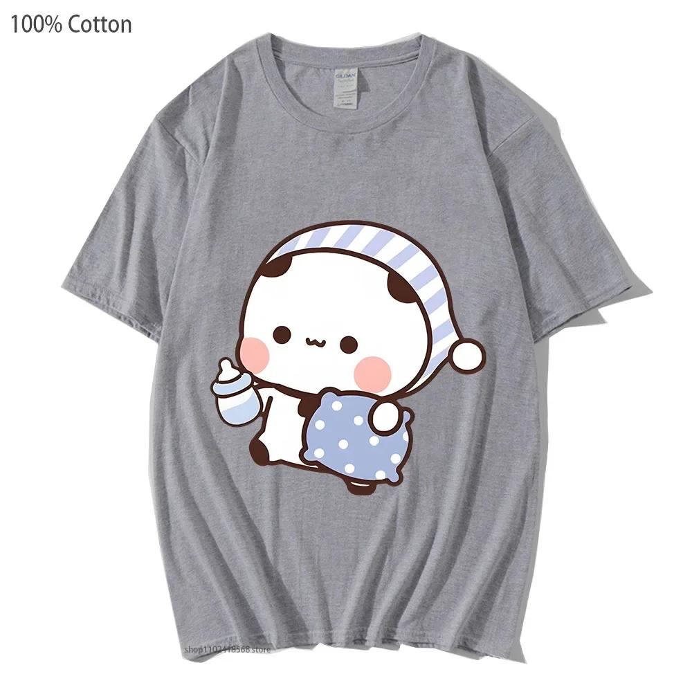 Couple Shirts Kawaii Cute BuBu Panda Going To Sleep with DuDu Bear Graphic Tshirt Cotton Men Women Clothes Long Sleeve Tees