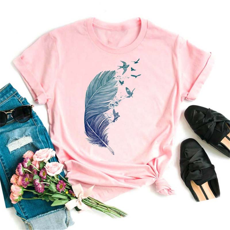 Fashion Women T Shirt Funny Butterfly Feather Print Tshirt T Shirt Summer Short Sleeve Tops Tee Female Feather T-shirts