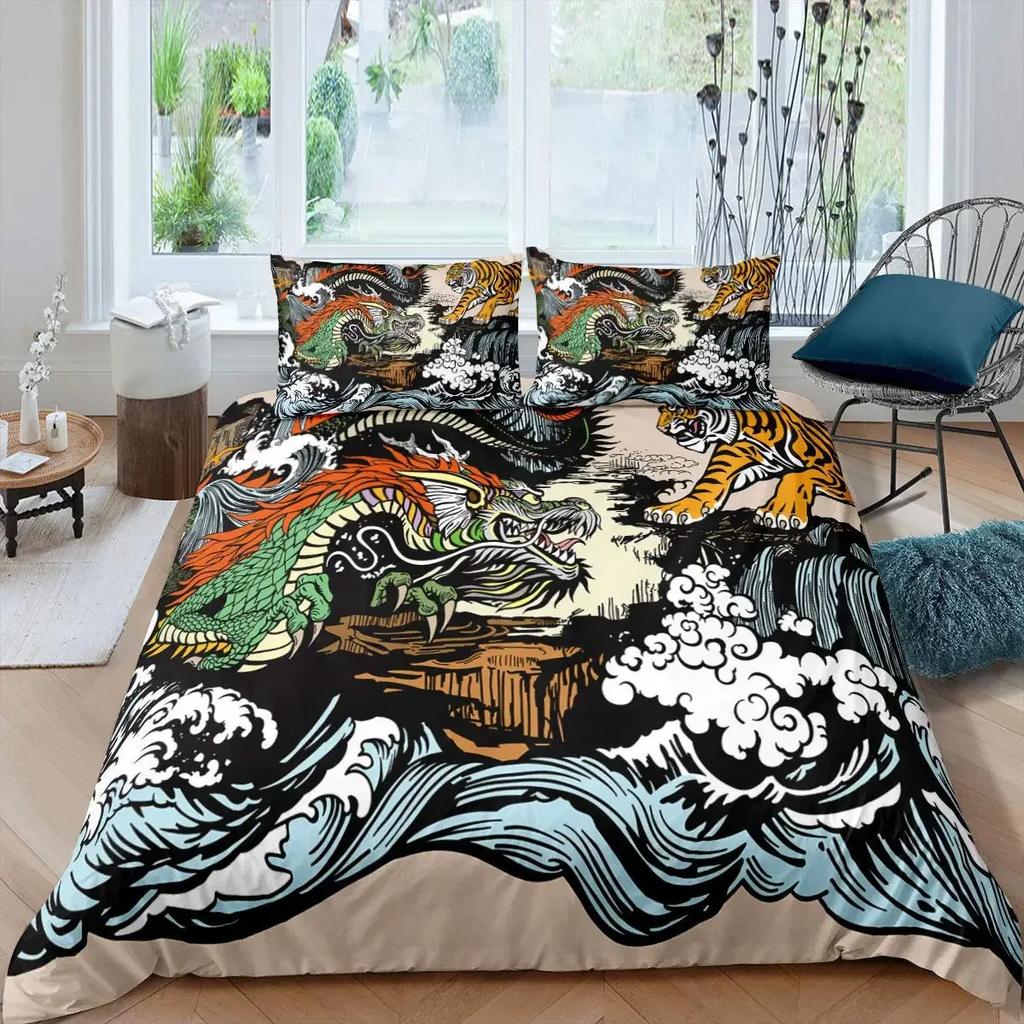 Bettbezug-Set mit Feuerdrachen, magisches Dinosaurier-Bettwäsche-Set, Dschungeltier-Muster, Wildlife-Stil, Kingsize-Bettbezug aus Polyester