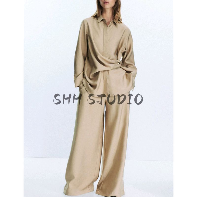Long Sleeves Gold Button Decoration Double Breasted Shirt 7484053 High Waist Elastic Waist Wide Leg Pants 7484251