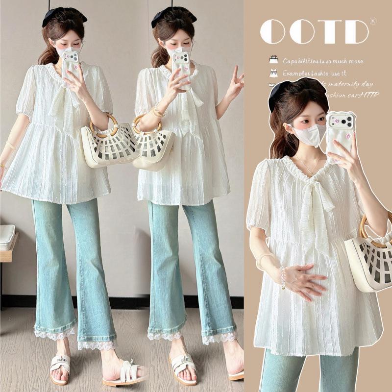 Maternity Summer Short Sleeve Korean Style Loose Doll Shirt Medium