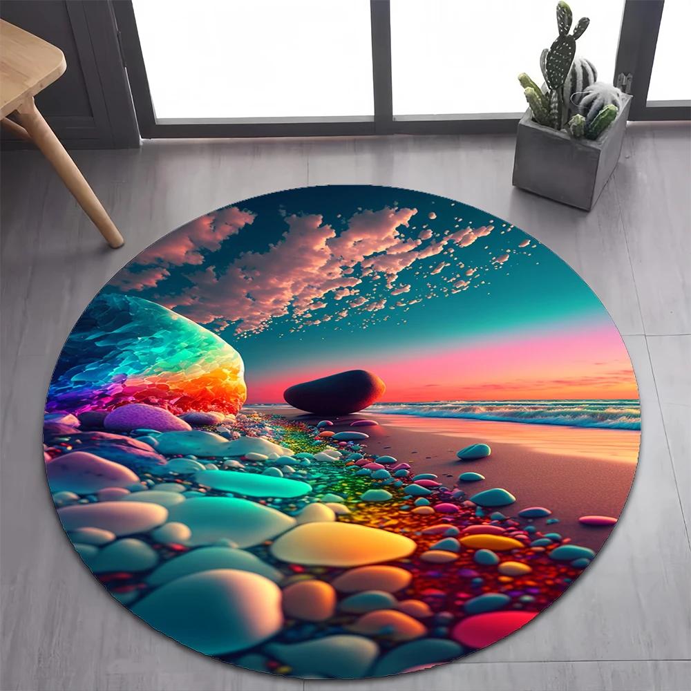2025 New Style Colorful Pebble Rainbow Road Beach Stone Round Carpet Rug for Bedroom Living Room Decoration,pet Decor Floor Mat