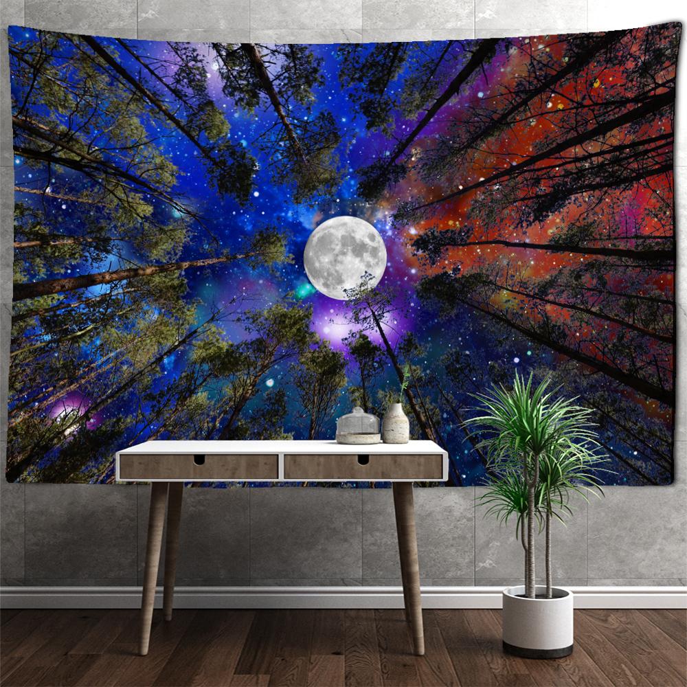 Moon Forest Tapestry Wall Hanging Psychedelic Night Sky Trees and Stars Fabric Polyester Home Decor Background Fabric