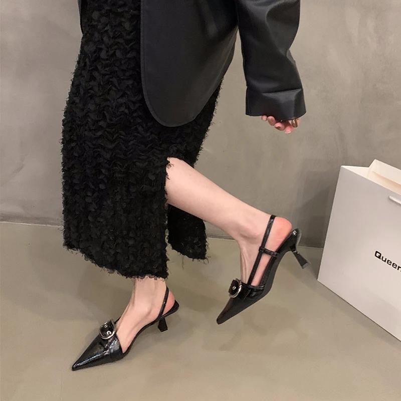Fashion Women's Fashion Stiletto Baotou Sandals Summer New Pointed Head Shallow Mouth Metal Buckle Anti-slip Wear-resistant High Heels