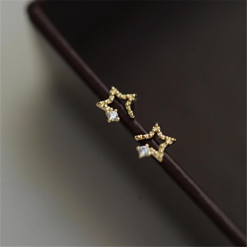 925 Sterling Silver Electroplated 14K Gold Asymmetric Star Zircon Earrings for Women Student Mini Simple Jewelry