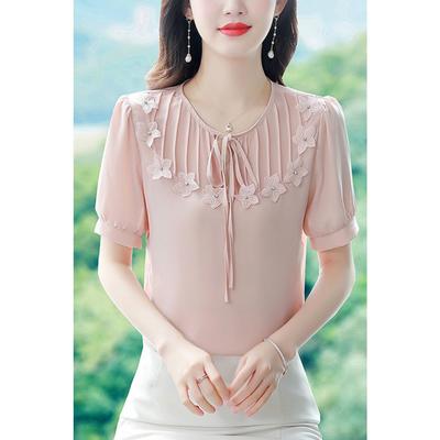 Summer New Round Neck Short Sleeved Chiffon Shirt for Women Versatile Temperament Shirt