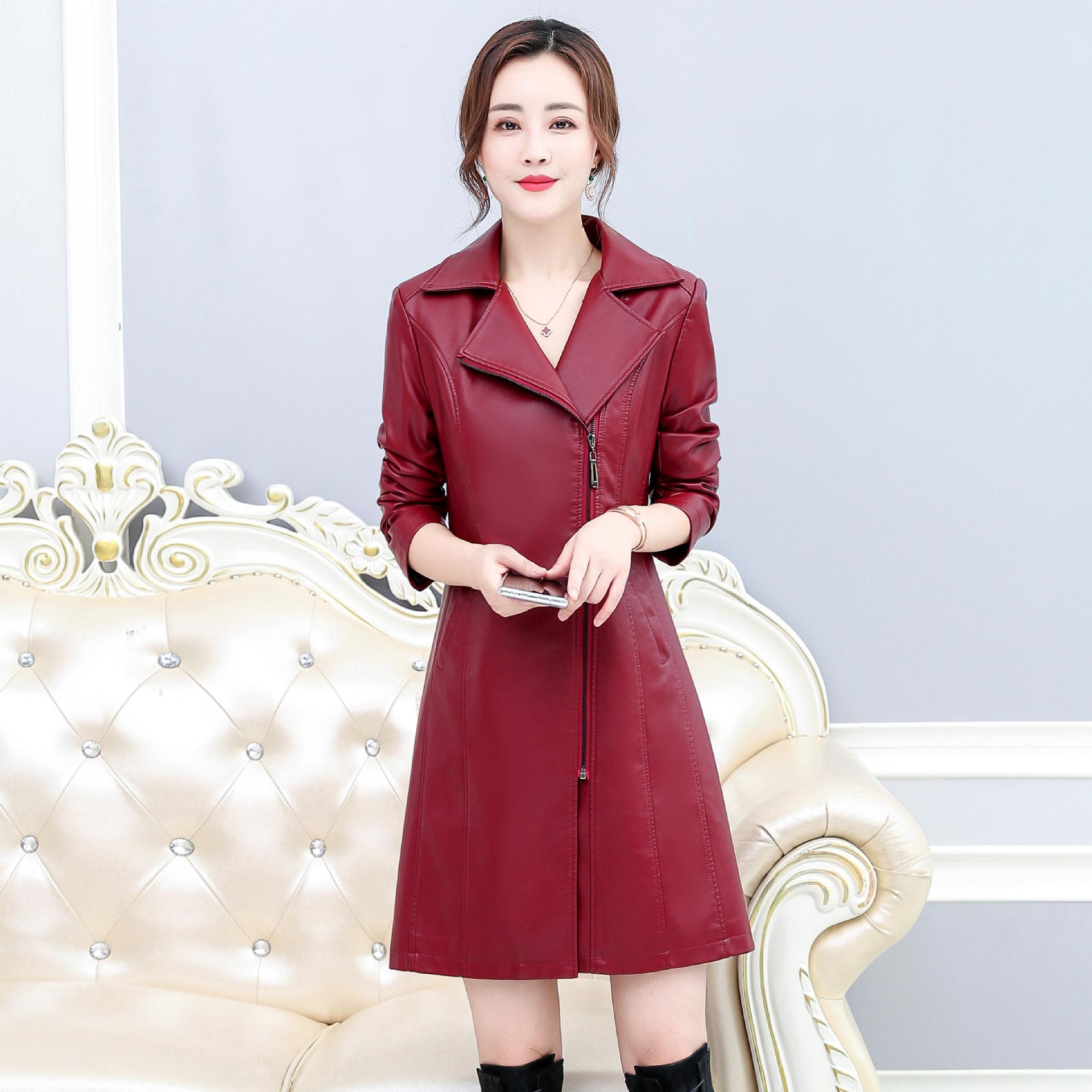 

Весенне-осеннее пальто из искусственной кожи, женское пальто средней длины, корейская кожаная ветровка выше колена XXL