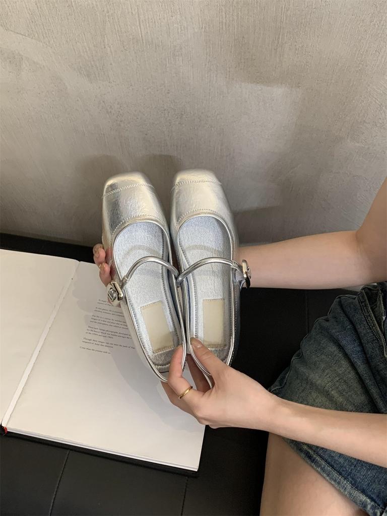 Silver light-mouth single shoes women's spring and autumn new retro small leather shoes soft flat Mary Jane grandma shoes