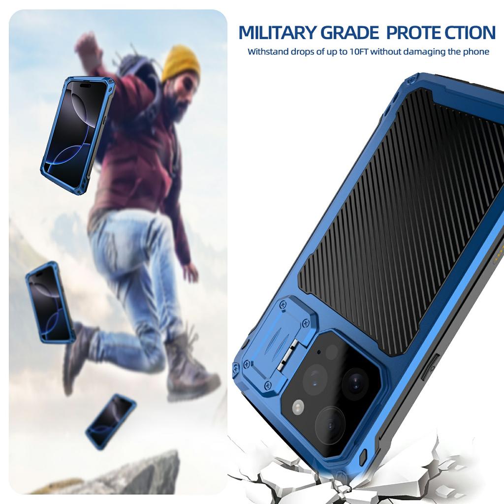 For iPhone 16 Pro Max Case Aluminum Alloy+Silicone Lens Kickstand Phone Cover with Tempered Glass Film