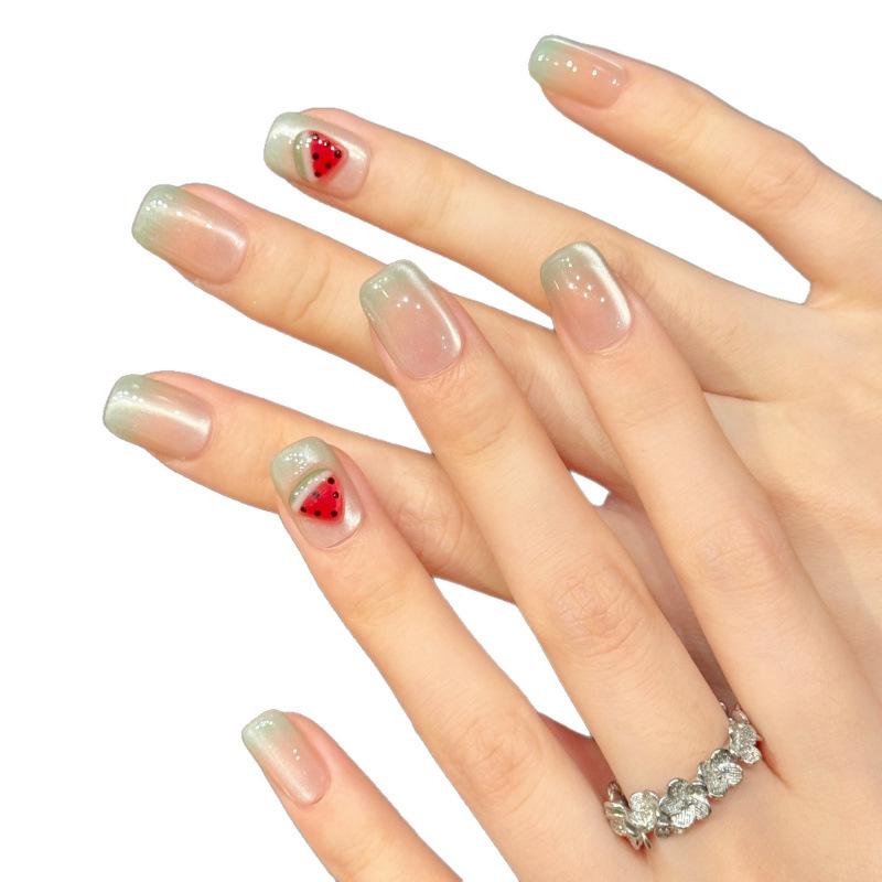 Watermelon Elf Nude Blush Cat Eye Gradient Green Short Manicure Nails