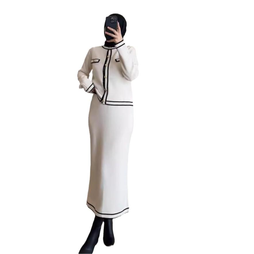 2024 Autumn European & American Color Block Two-Piece Set: Little Fragrant Style Short Top with Slimming Midi Skirt